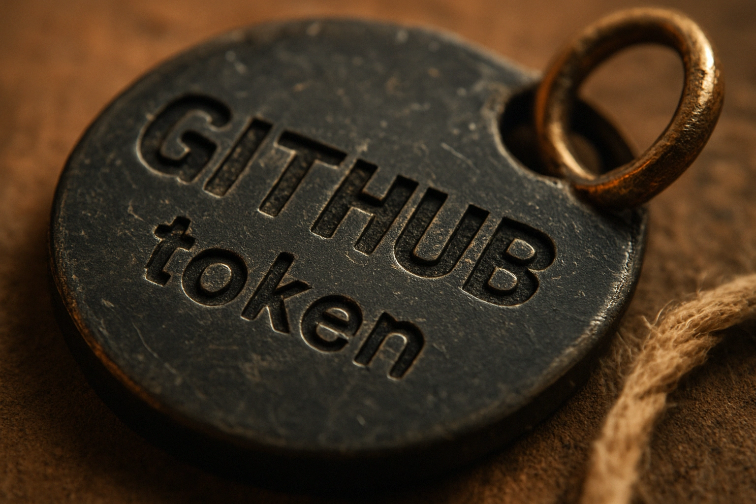 Металлический токен с надписью "GITHUB token" на фоне деревянной поверхности.