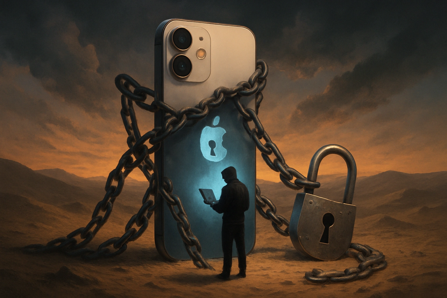 Smartphone enclosed in chains with a figure using a laptop nearby.
