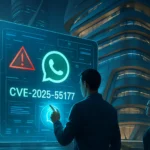 Two figures observe a digital screen displaying a security alert and WhatsApp logo.