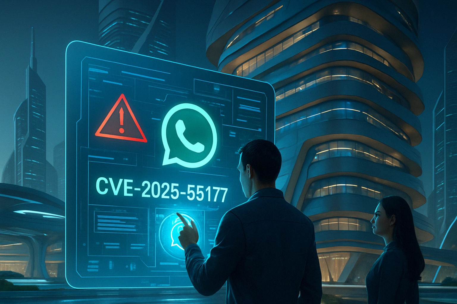 WhatsApp patches 0‑day CVE‑2025‑55177 in iOS and macOS; suspected chain with Apple Image I/O zero‑click Two figures observe a digital screen displaying a security alert and WhatsApp logo.