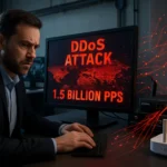 Man anxiously monitors a computer during a DDoS attack notification.