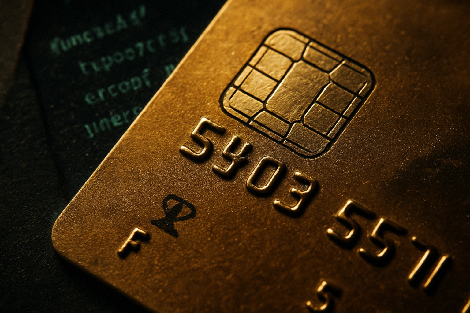Close-up of a gold credit card showcasing the chip and embossed numbers.