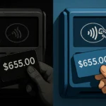 Two contrasting scenes of a payment card transaction displaying $655.00.