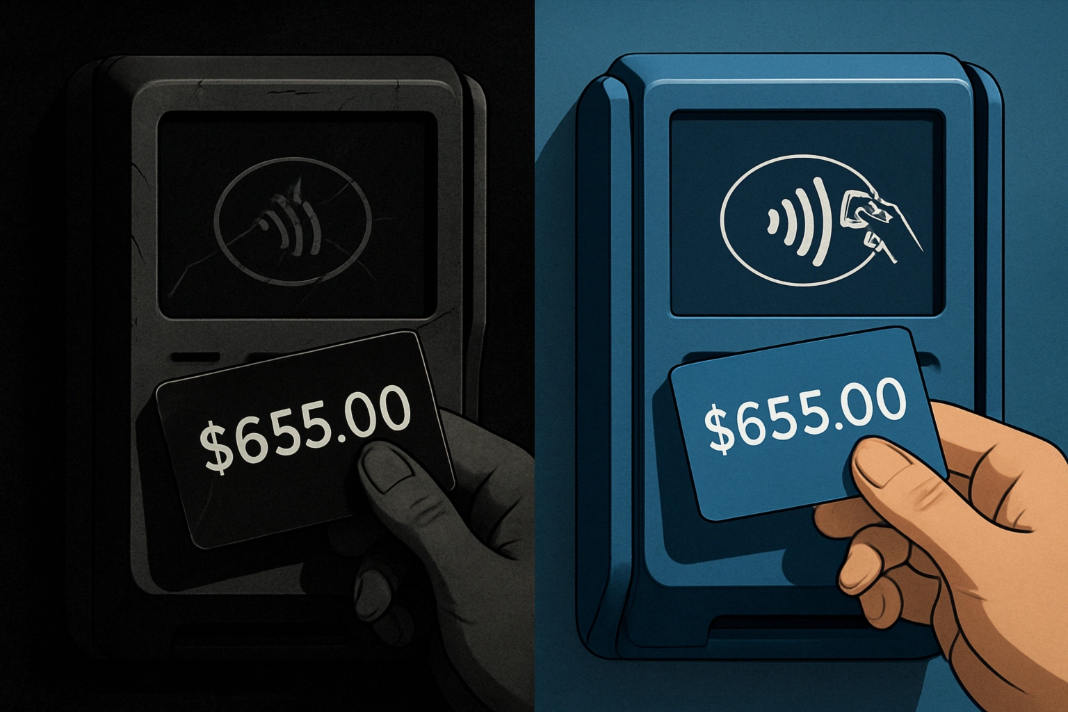 Two contrasting scenes of a payment card transaction displaying $655.00.