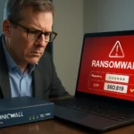Man in a suit looks concerned at laptop screen displaying ransomware alert.