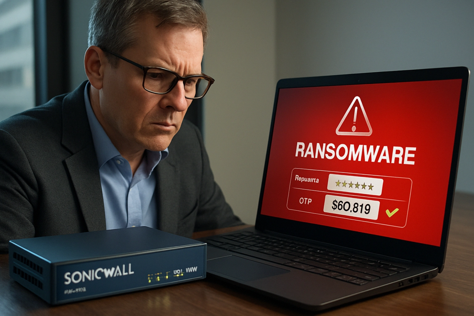 Mann schaut besorgt auf den Laptopbildschirm mit Ransomware-Warnung.