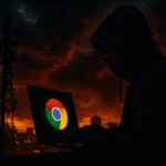 Hooded figure typing on a laptop with a Chrome logo against a dramatic sunset backdrop.