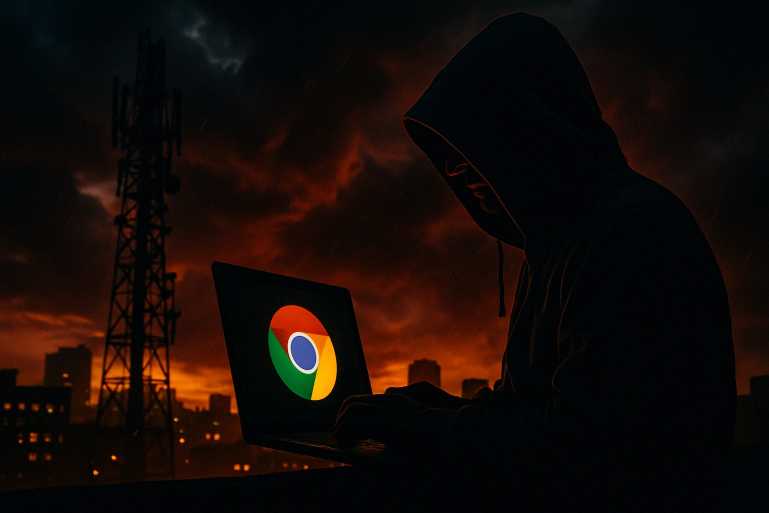 Hooded figure typing on a laptop with a Chrome logo against a dramatic sunset backdrop.