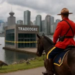 Mountie in red uniform on horseback, city skyline and geese nearby.