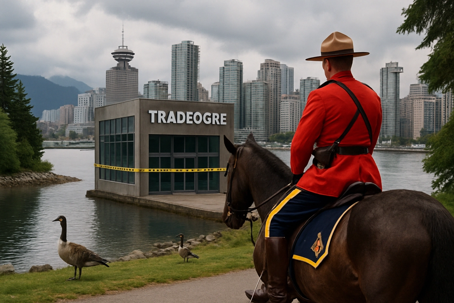 Mountie in red uniform on horseback, city skyline and geese nearby.