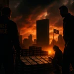 Agentes del servicio secreto inspeccionan un escenario urbano al atardecer.