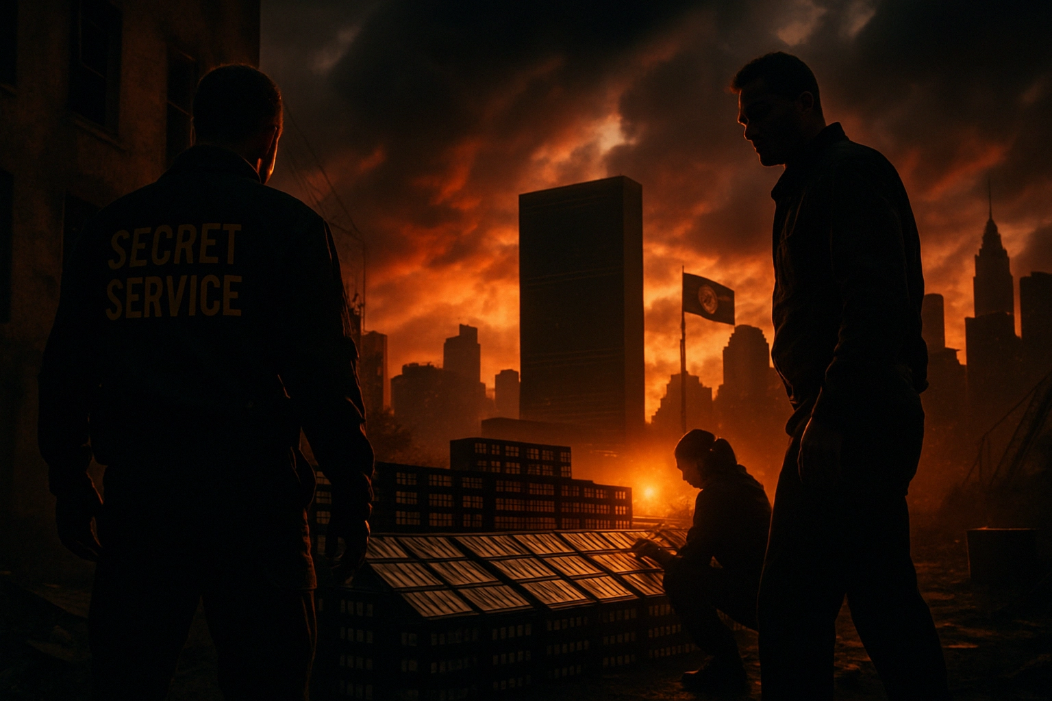 Secret Service agents examine solar panels against a dramatic sunset backdrop.