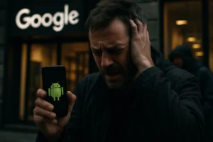 Mann mit besorgtem Ausdruck schaut auf Smartphone mit Android-Logo.