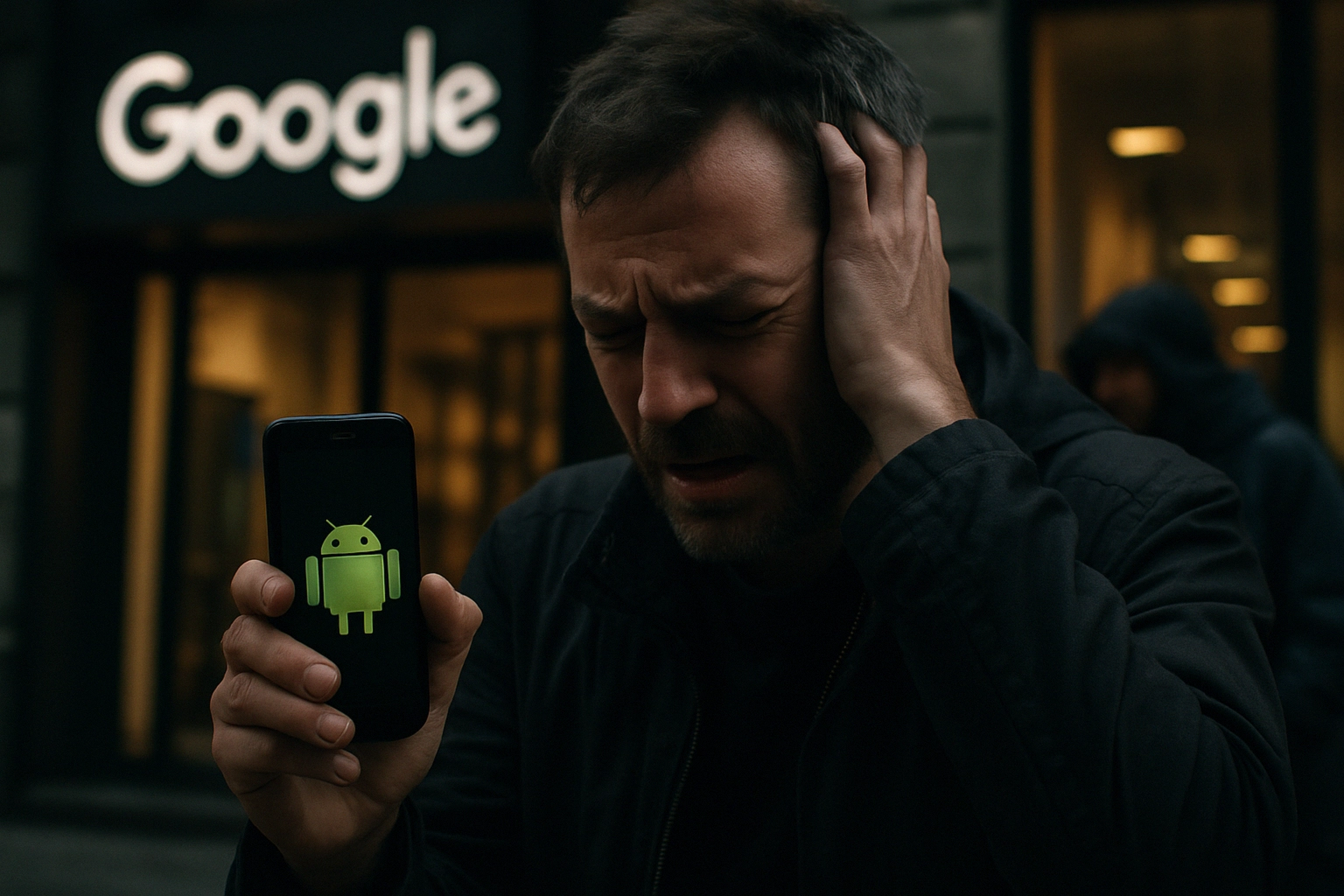 Мужчина с телефоном Google Android в руках выглядит подавленным.