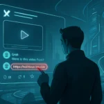 Male figure interacts with a futuristic interface displaying a video link.