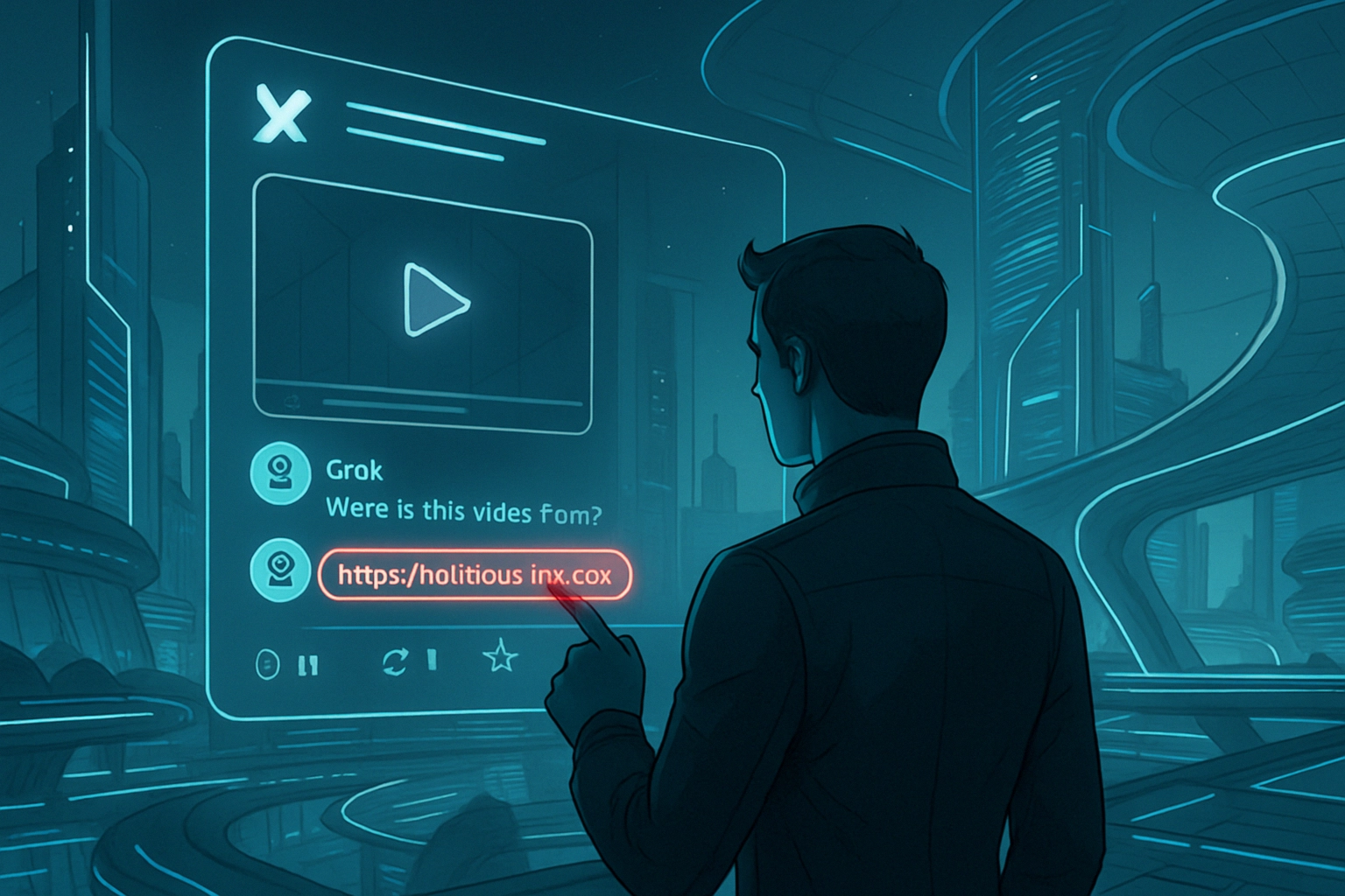 Guardio Labs Uncovers “Grokking”: AI-Assisted Malvertising on X Exploits Metadata to Bypass URL Filters Male figure interacts with a futuristic interface displaying a video link.