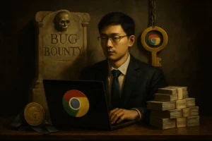 Man working on a laptop with cybersecurity symbols and a grave marker in the background.