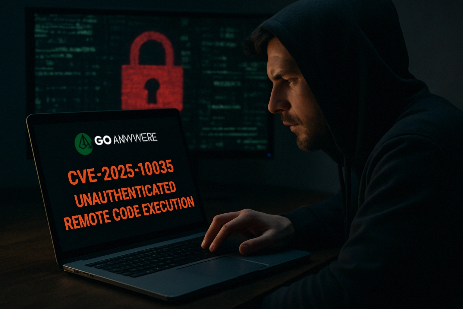 Hacker focused on laptop screen displaying security vulnerability alert.