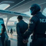 Hombre esposado por un agente en un moderno aeropuerto futurista.