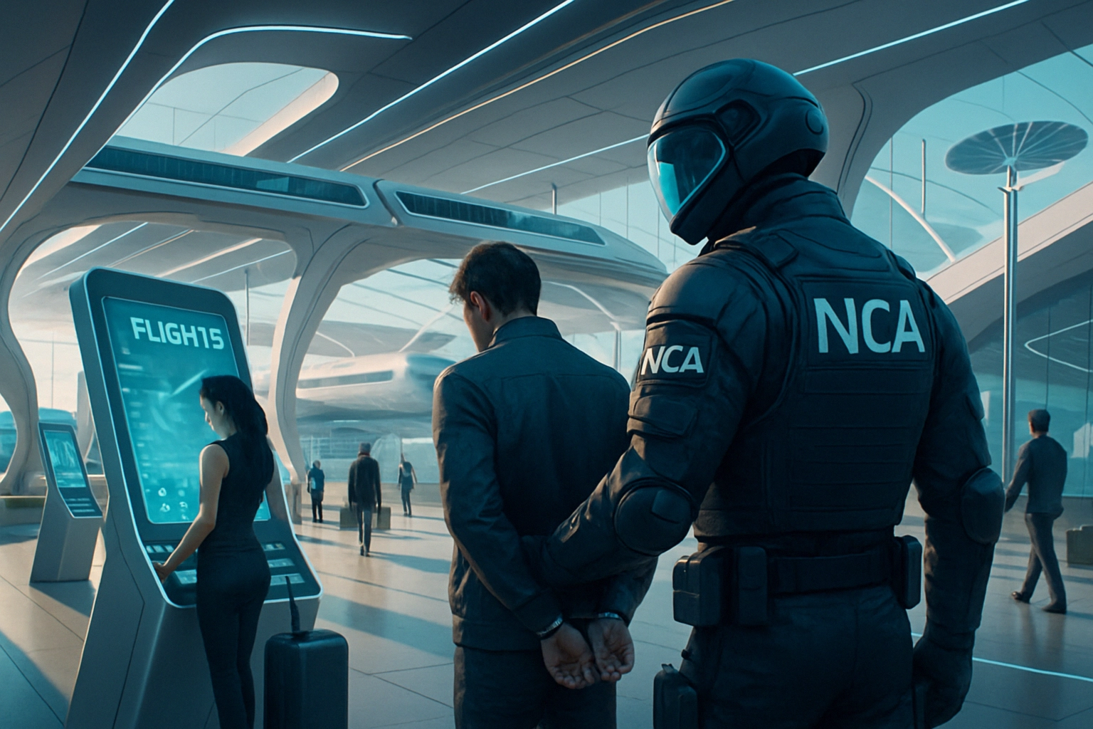 Futuristic airport scene with a traveler in handcuffs and a woman at a touchscreen.