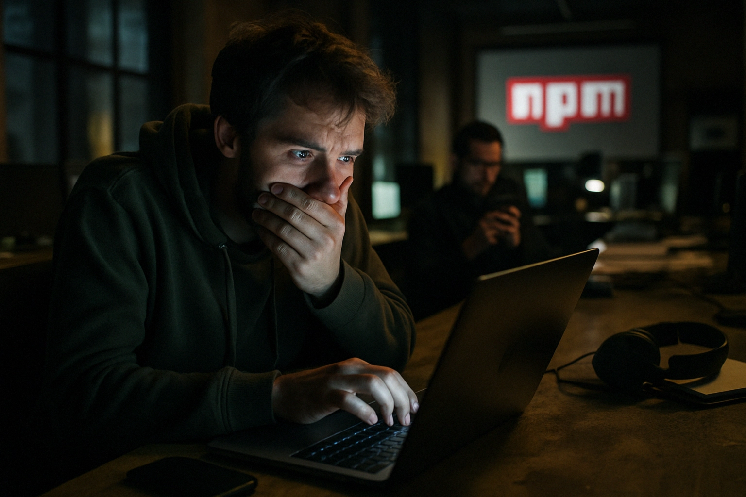 ** Hombre preocupado frente a una computadora en un entorno oscuro.