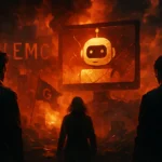 Three figures face a burning scene, captivated by a glowing robot on a monitor.