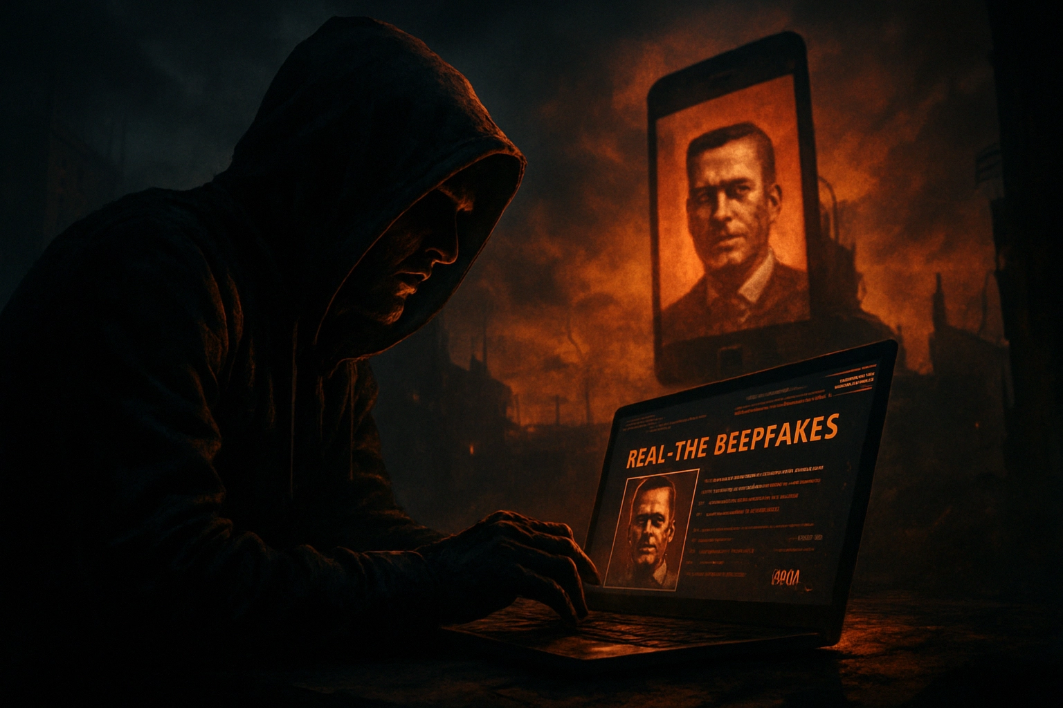 Figure in a hoodie typing on a laptop, illuminated by a glowing screen.