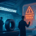 Two figures in a futuristic store displaying a security breach warning.