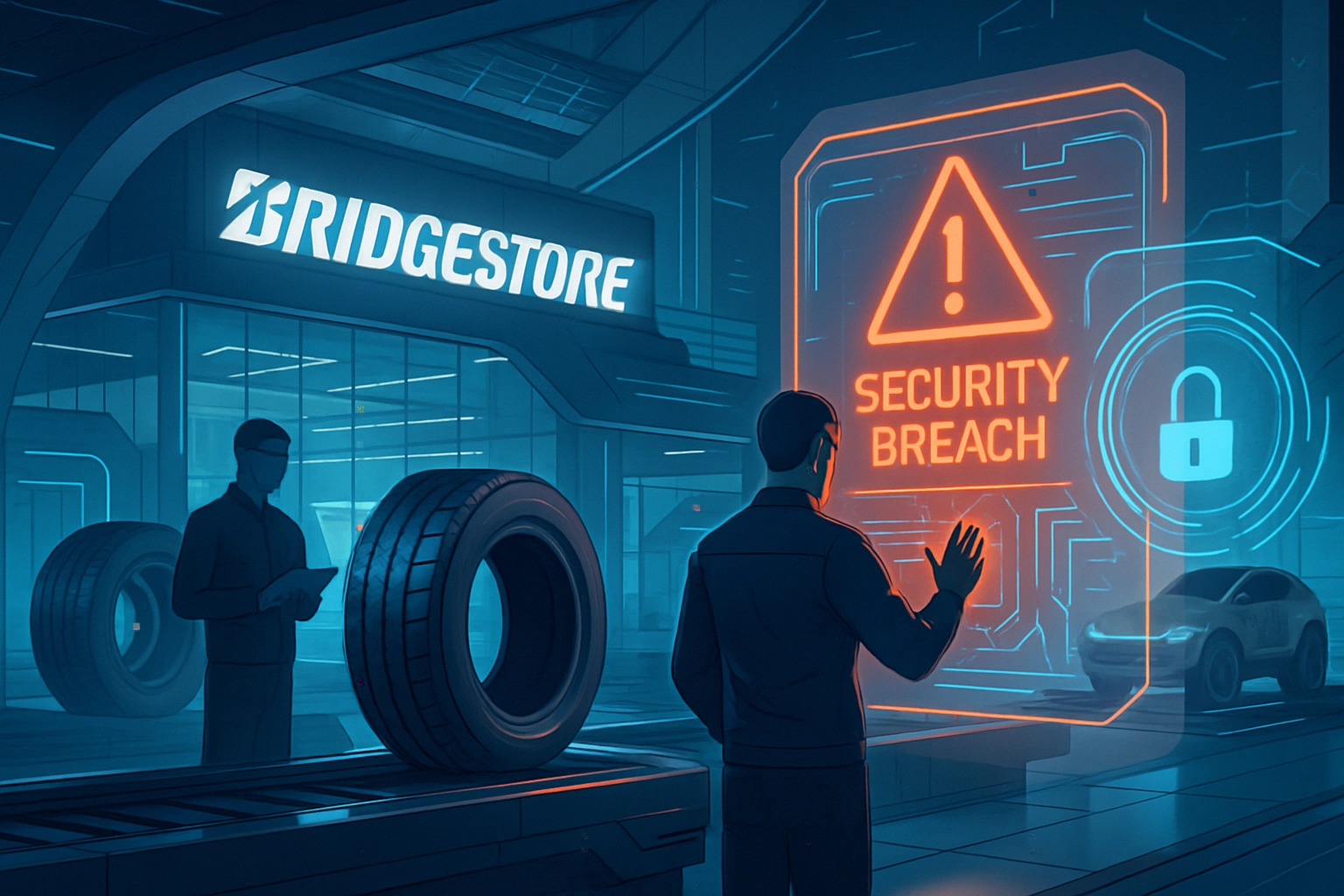 Bridgestone Americas Probes Cyberattack Disrupting Manufacturing in the U.S. and Canada Two figures in a futuristic store displaying a security breach warning.