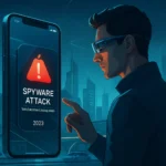 ** Man interactively responding to a 'Spyware Attack' alert on his mobile device.