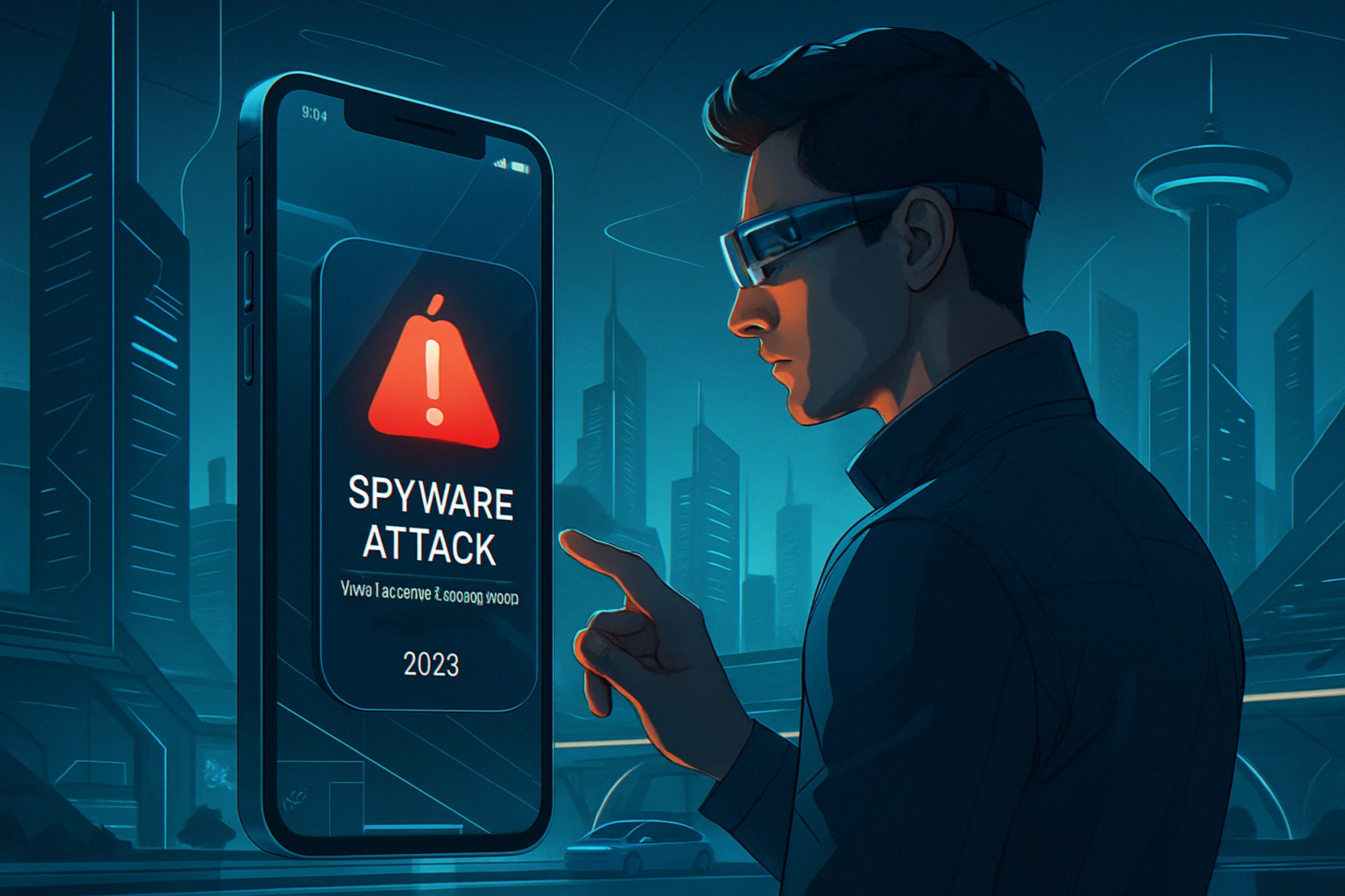 ** Man interactively responding to a 'Spyware Attack' alert on his mobile device.