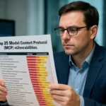 Hombre en traje revisando un informe sobre vulnerabilidades de protocolos.