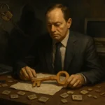 Man examining a large key surrounded by letters and a candle's glow.