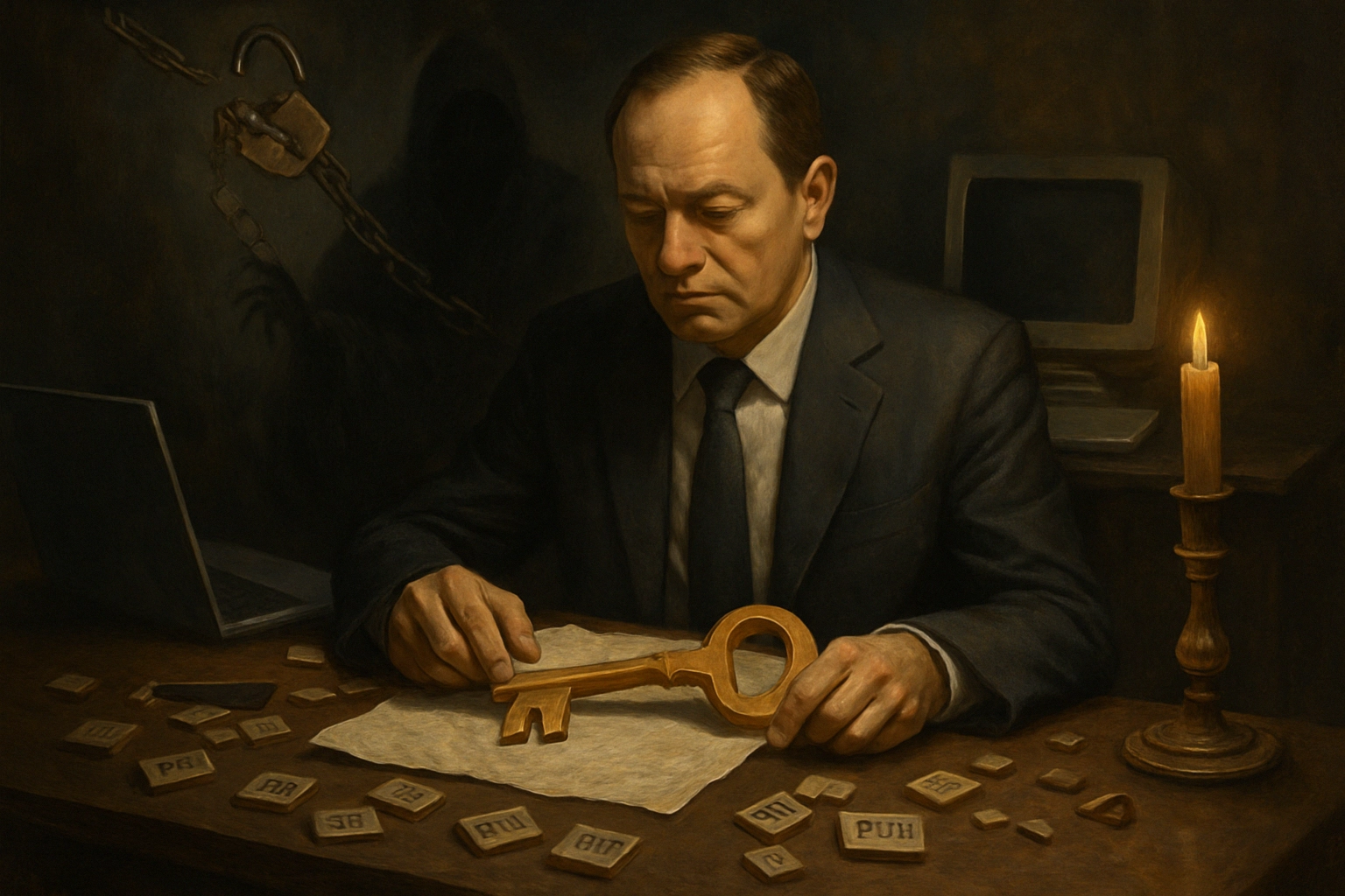 Man examining a large key surrounded by letters and a candle's glow.