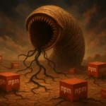 A monstrous worm emerging from barren ground surrounded by red npm boxes.