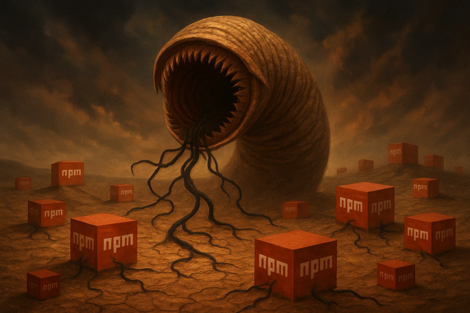 A monstrous worm emerging from barren ground surrounded by red npm boxes.