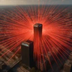 Torre destacada emitiendo rayos rojos en un paisaje urbano.