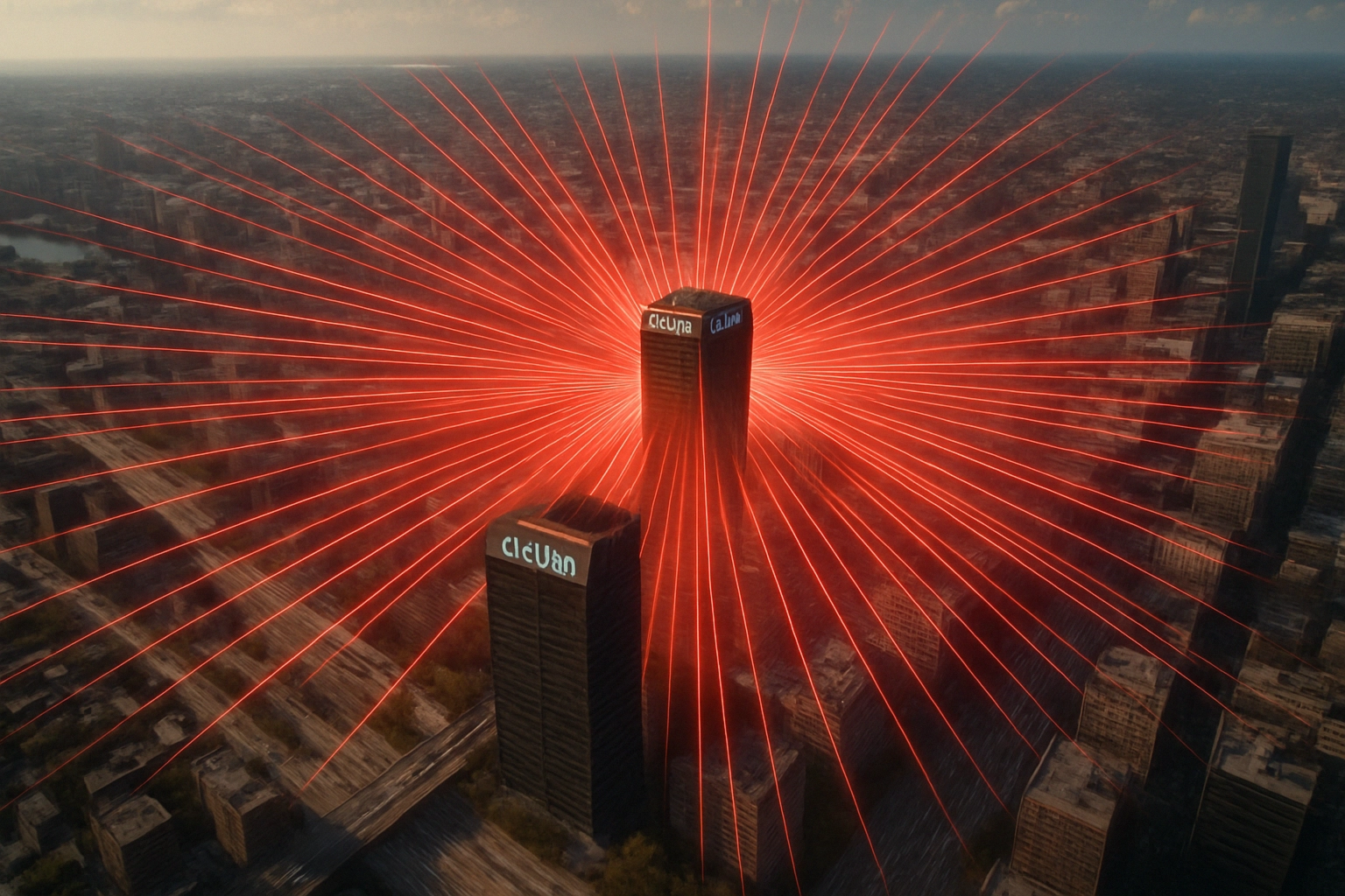 Cloudflare Stops Record 11.5 Tbps DDoS Attack: 5.1 Billion PPS UDP Flood Analyzed Cityscape featuring a tower with vibrant red beams radiating outward.