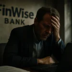 Man in suit with worried expression sits at desk in a bank office.