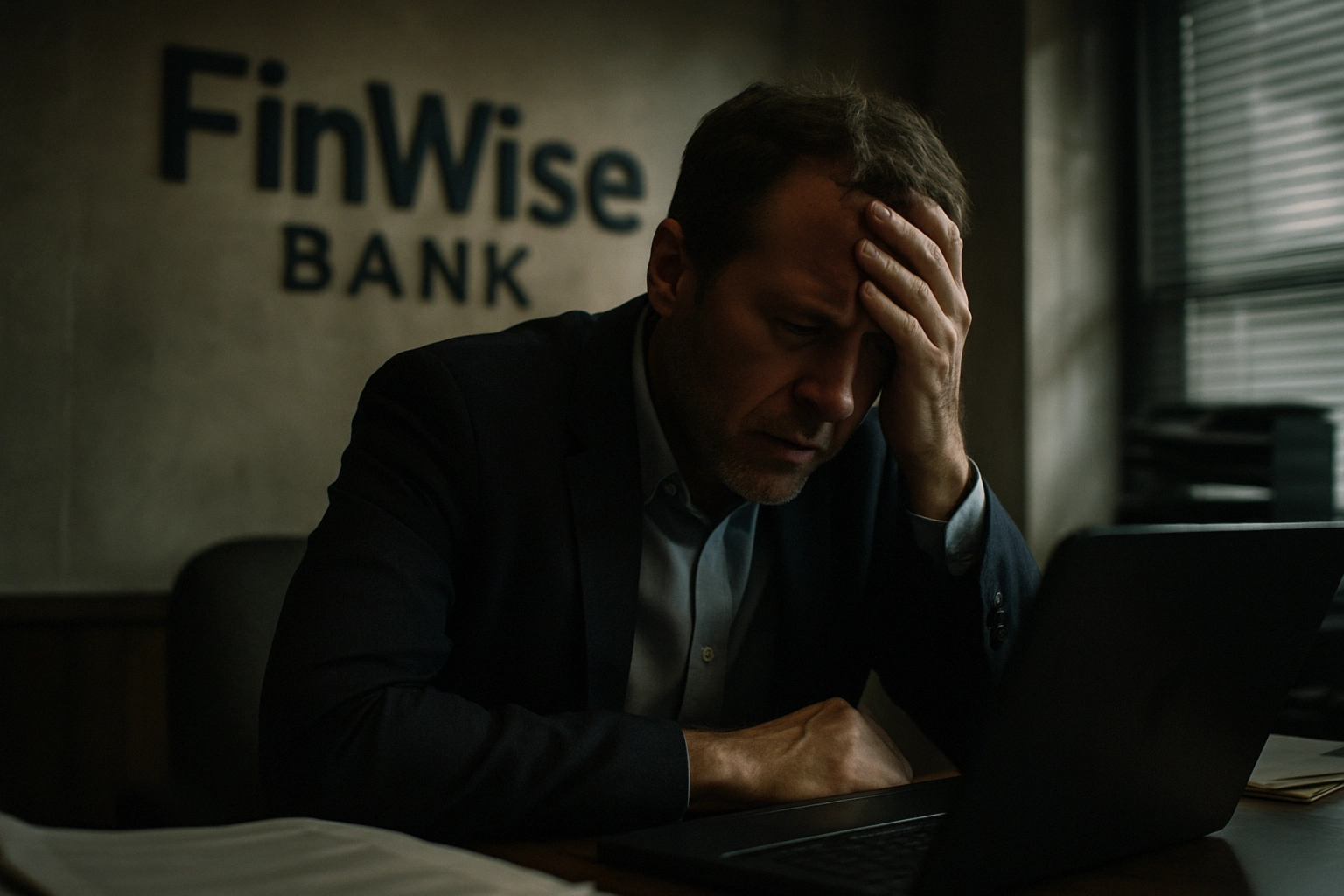 Man in suit with worried expression sits at desk in a bank office.