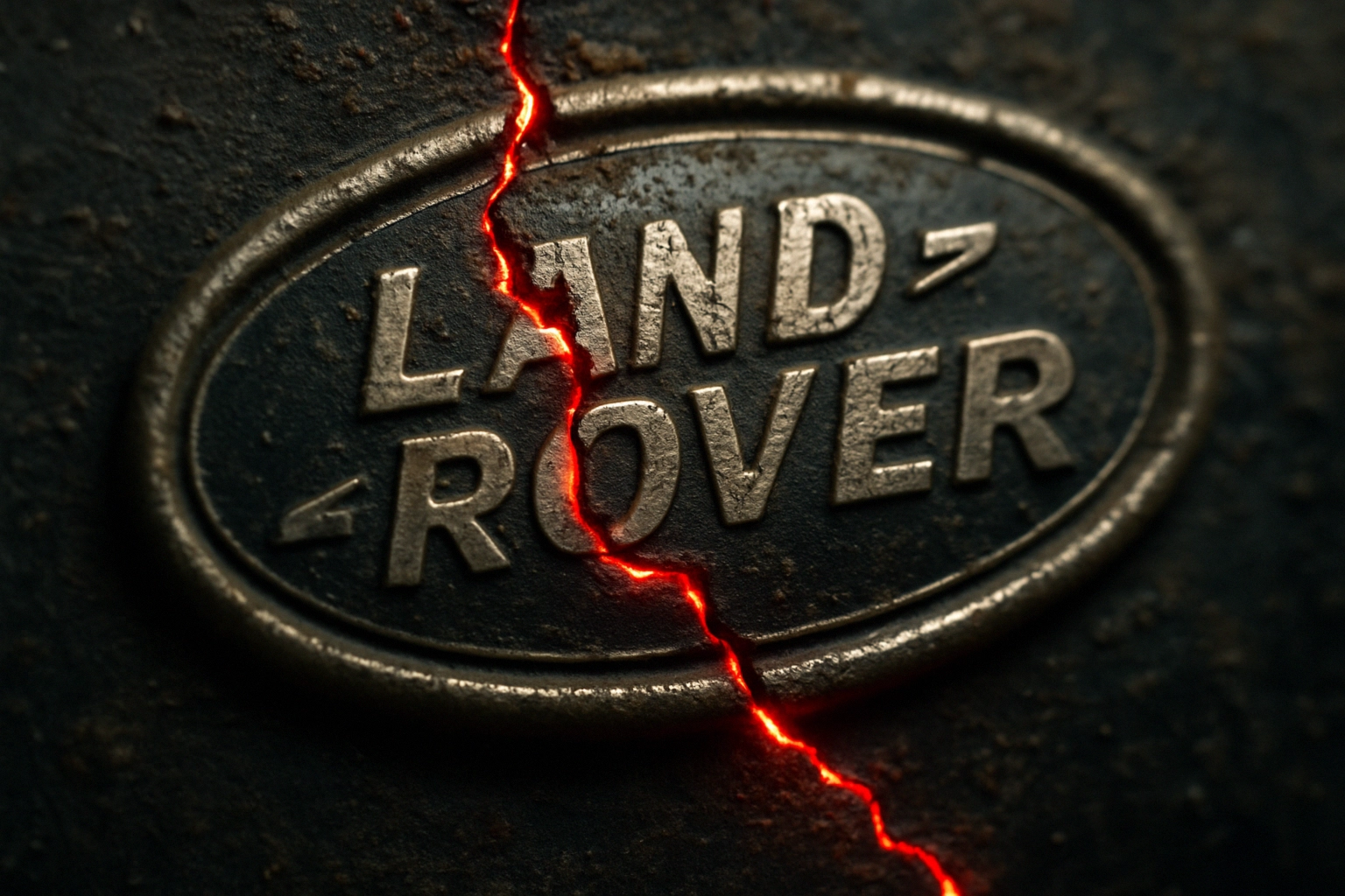 Land Rover logo cracked with a glowing red fissure, set against a dark background.
