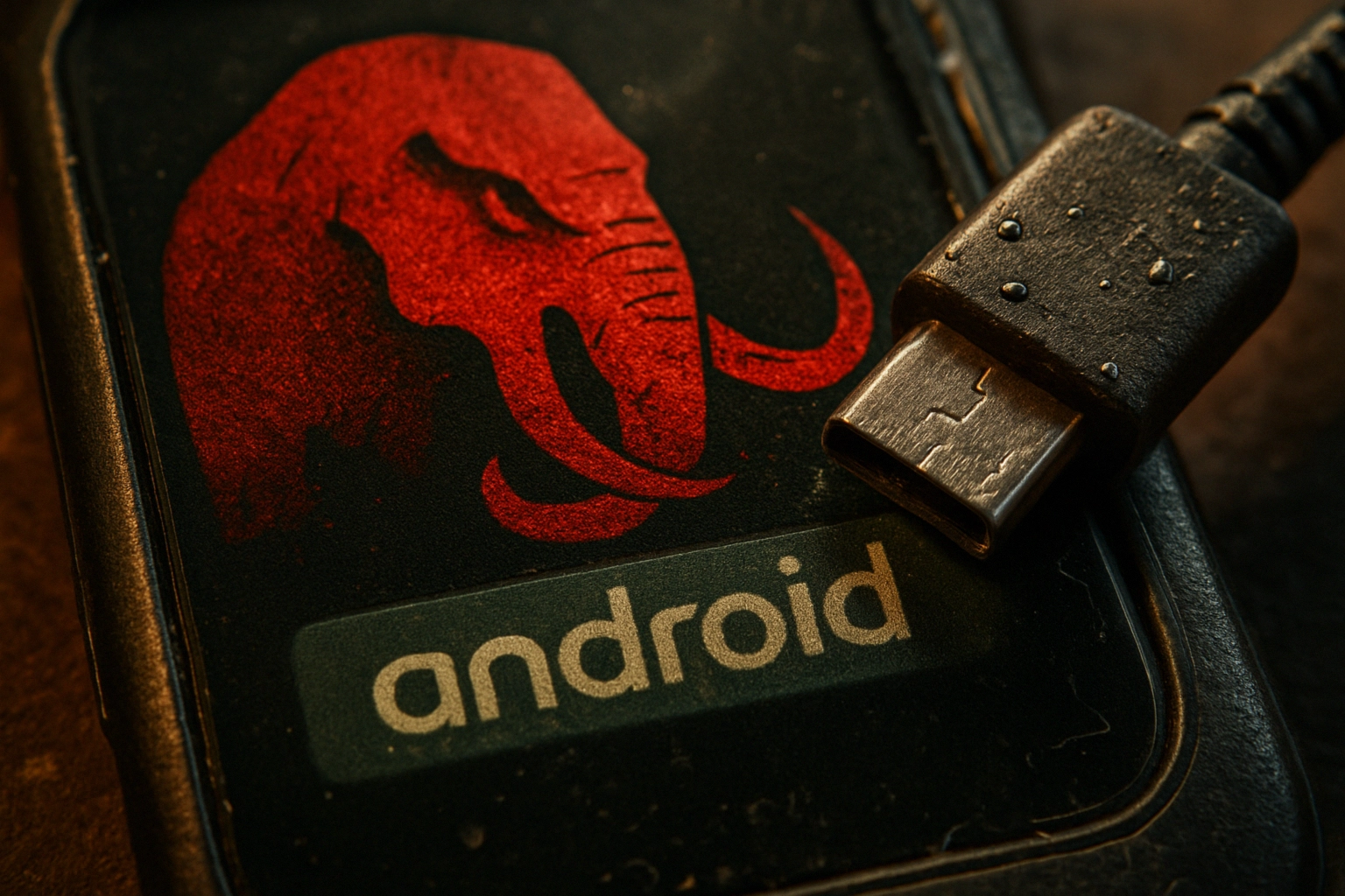 Android device with a striking red elephant logo and charging cable.