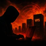 Silueta de un hacker frente a una computadora con fondo ardiente.