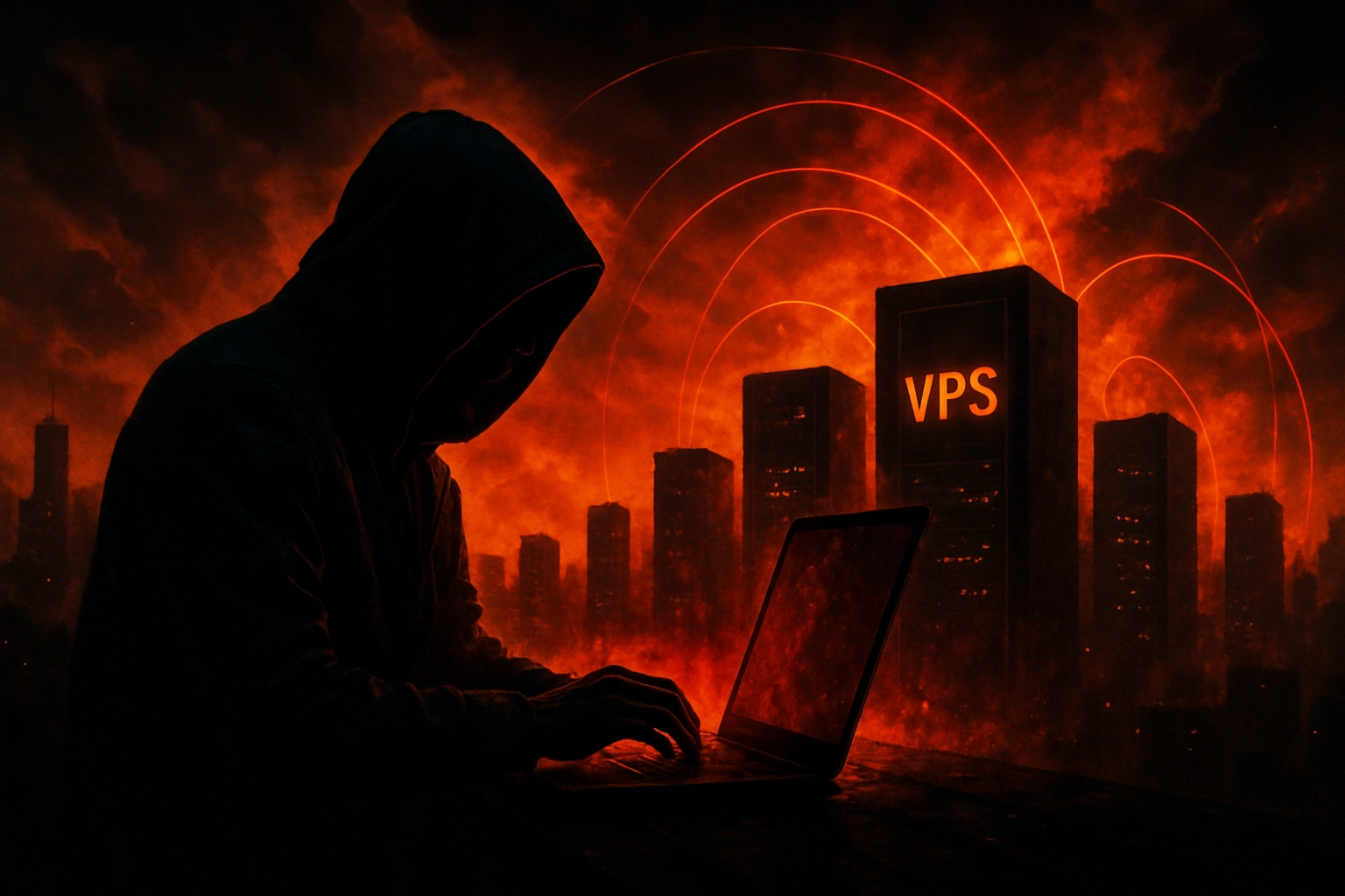 Hooded figure working on a laptop against a fiery city skyline.