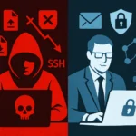 Cybersecurity duel: hacker in red and IT professional in blue, contrasting concepts.