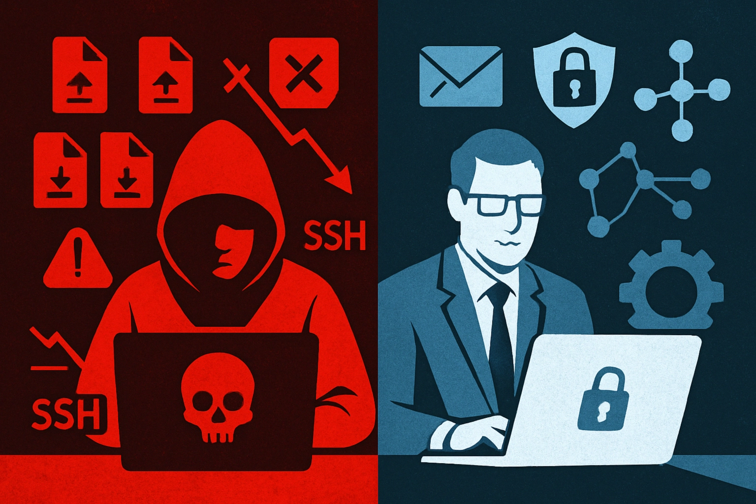 Cybersecurity duel: hacker in red and IT professional in blue, contrasting concepts.
