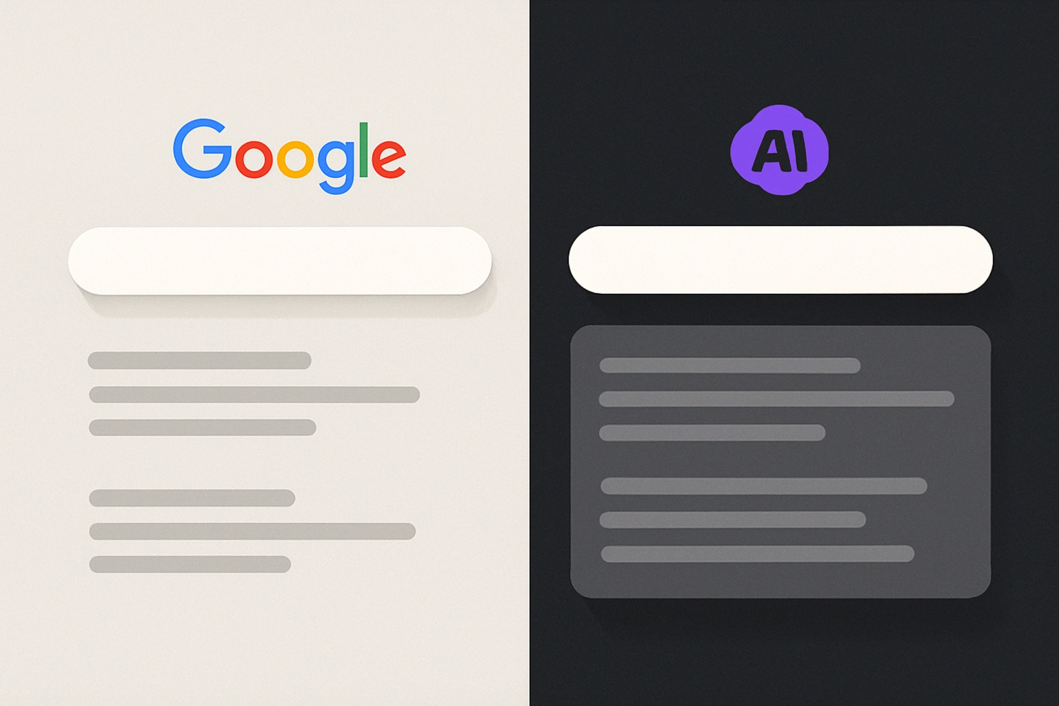 Comparison of Google and AI search interfaces on contrasting backgrounds.