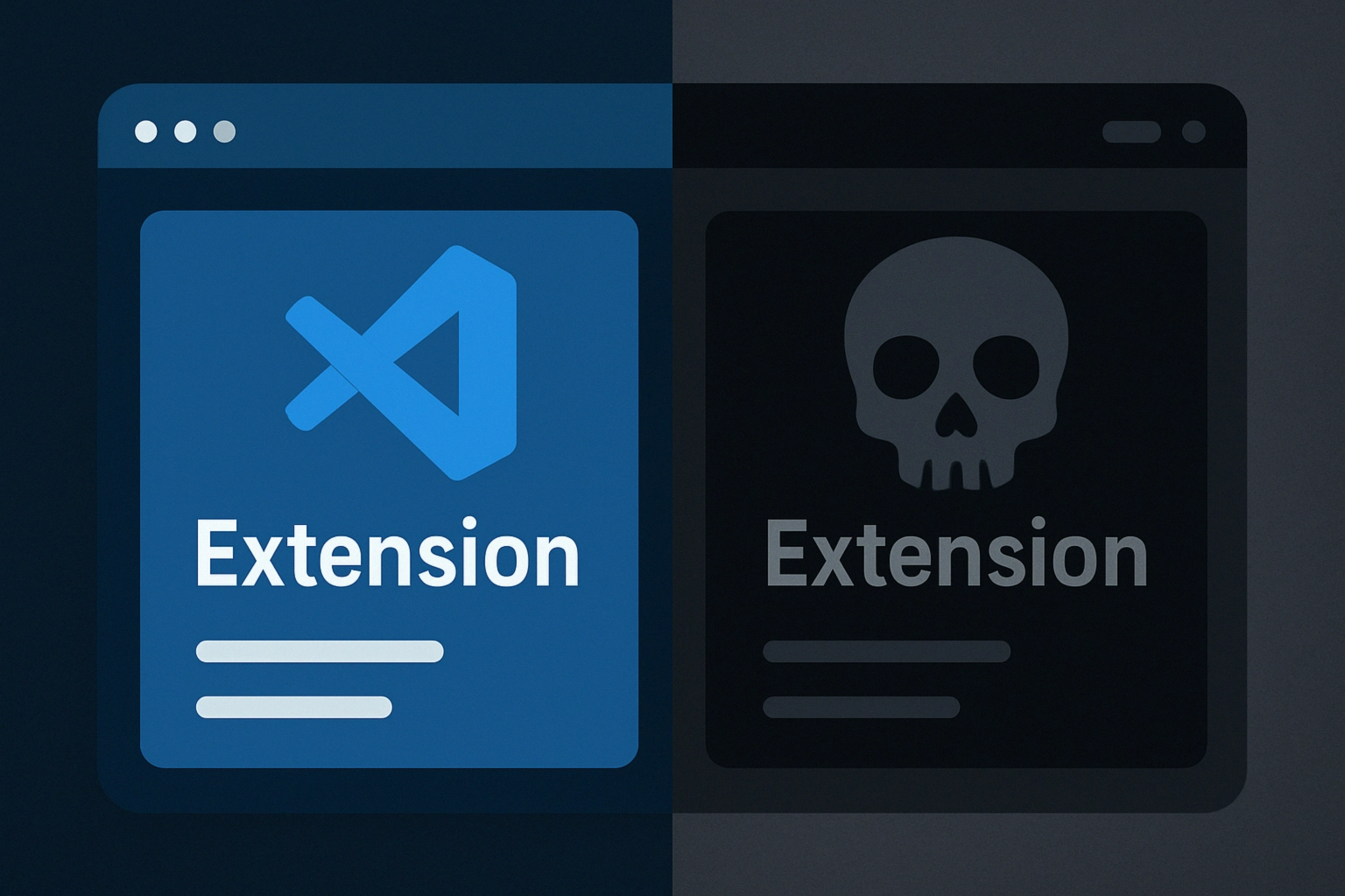 Split screen showing a safe and malicious browser extension comparison.