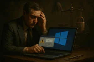 Mann sitzt frustriert vor Laptop mit Windows-Fehlermeldung.