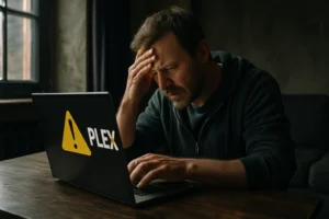 Plex confirms database access incident: what was exposed and how to secure your account Man showing frustration at a laptop with a warning symbol for Plex.